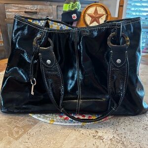 Fossil Black Patent Leather Tote Shoulder Bag w/ Key Charm